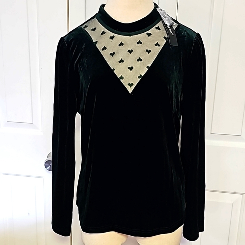 Allegra NWT, green velvet long sleeve top. Size XL. Mesh with hearts in front.